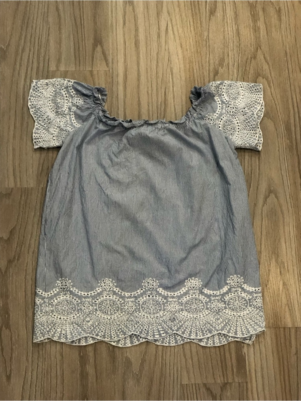The Royal Standard Embroidered Scalloped Blue & White Striped Blouse medium